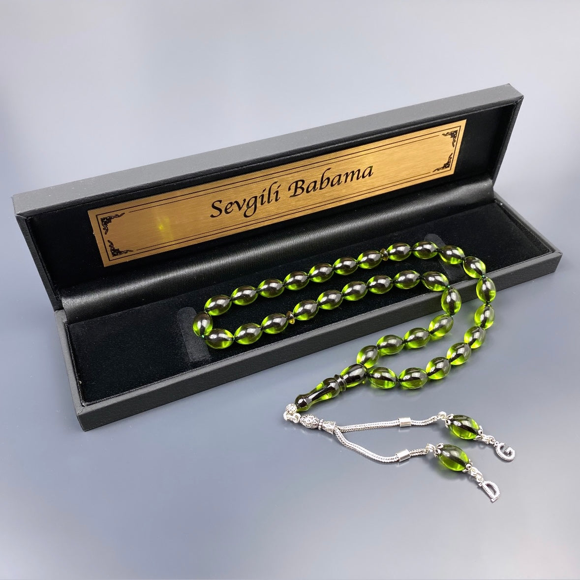 Tesbih Kehribar Sikma und Geschenkbox personalisiert mit einem Wunschtext Geschenk etui islamische geschenke perlenkette männerschmuck Kehribar tesbih Feuerzug mit Namen personalisiert Mekka mekke ayet el kürsi islamische geschenk box 