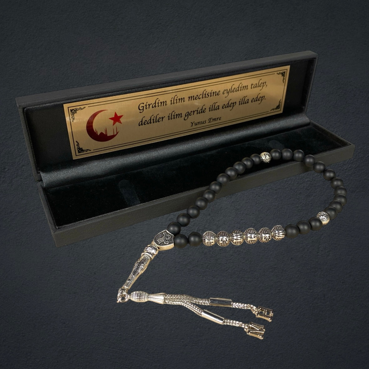 Tesbih mit Namen Black OLD Box Ay Yildiz Camii Logo Text