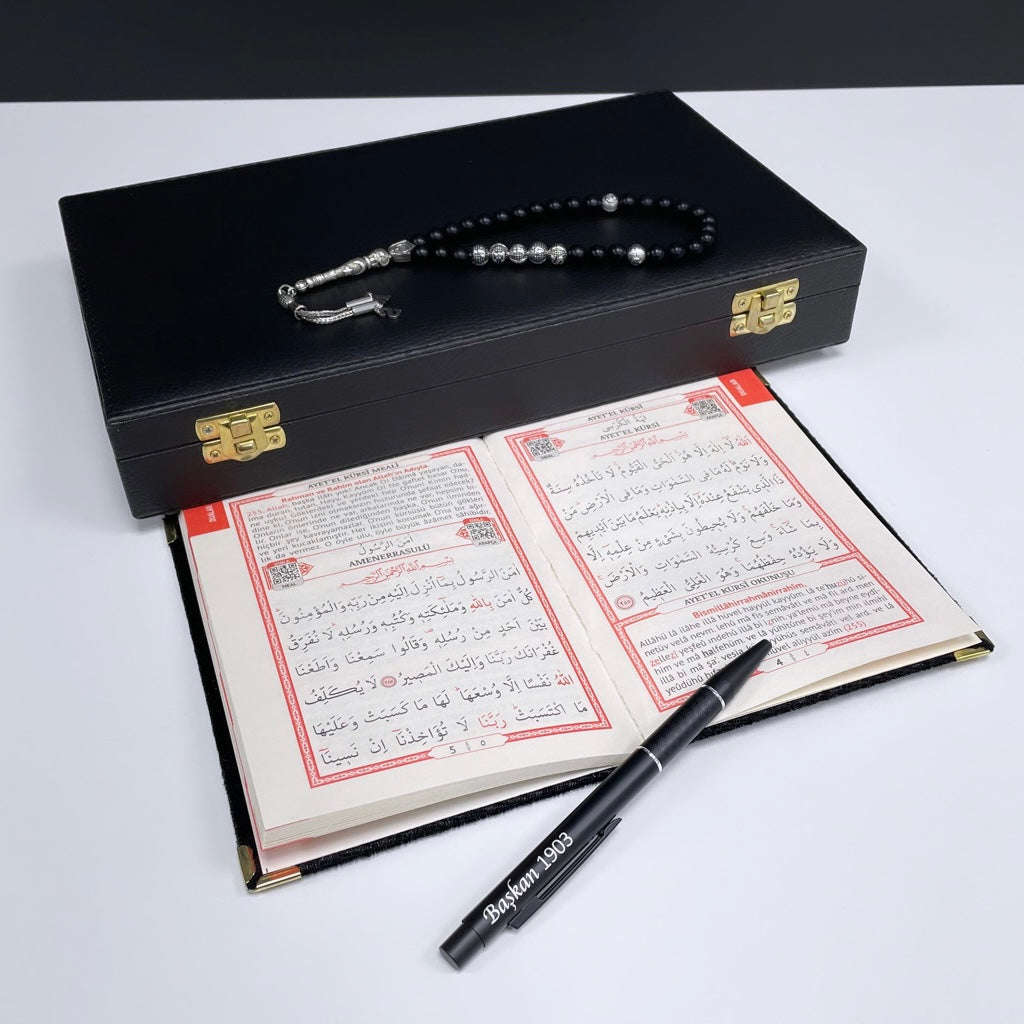 Tesbih Set Black / Creme Box- Yasin - Serif & Stift geschenkset gebetskette kuran ayet allah kehribar oltu tespih