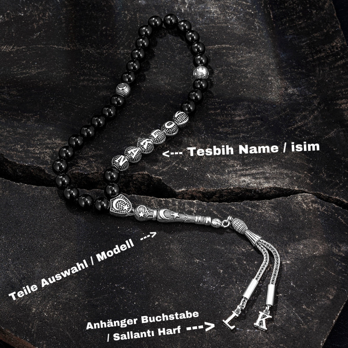 Tesbih mit Namen und Geschenkbox personalisiert mit einem Wunschtext Geschenk etui islamische geschenke perlenkette männerschmuck Kehribar tesbih Feuerzug mit Namen personalisiert